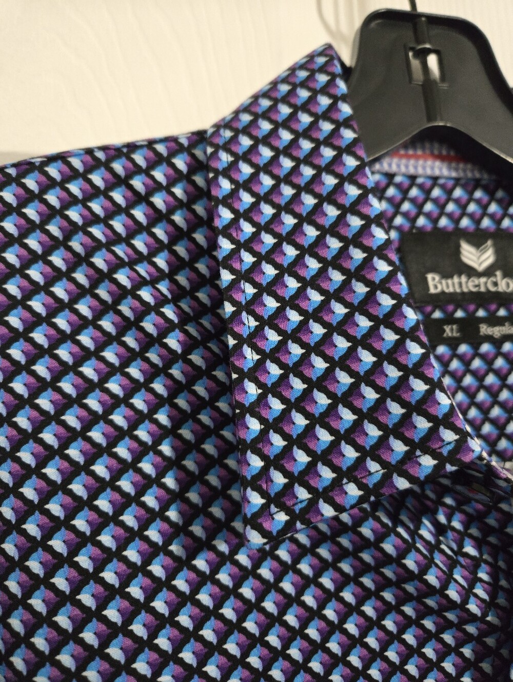 Buttercloth Men's XL Regular Fit Button-Up Shirt Blue Purple Geometric Print